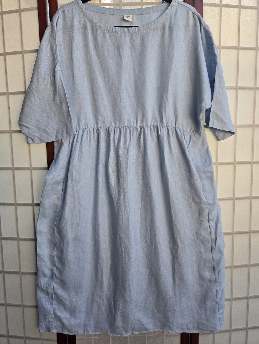 LINTICO 100% Linen Light Blue Babydoll Midi Dress Coastal Grandma Cottagecore M - Picture 3 of 12